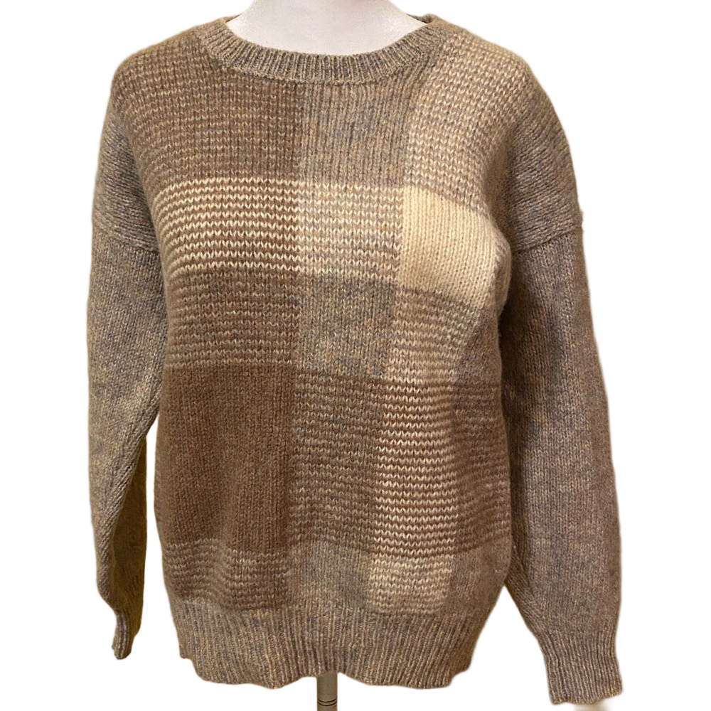 Braemar Scotland Shetland Wool Patchwork Crewneck Sweater Brown Beige Womens M